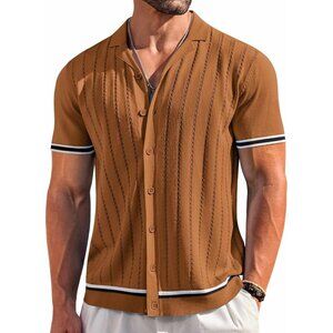 Men's Brown Short Sleeve Knit Shirt Casual Button Down Shirt Vintage